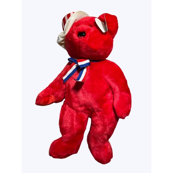 Ty Beanie Buddies  Plush Sam Red Bear With Patriotic Hat and Ribbon - Picture 7 of 11